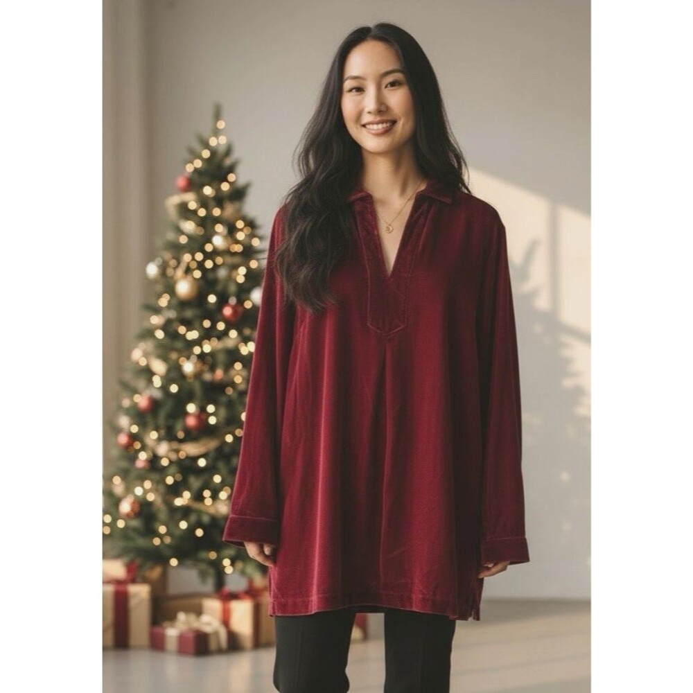 John Mark NEW womens v-neck collared velvety deep red button blouse Large